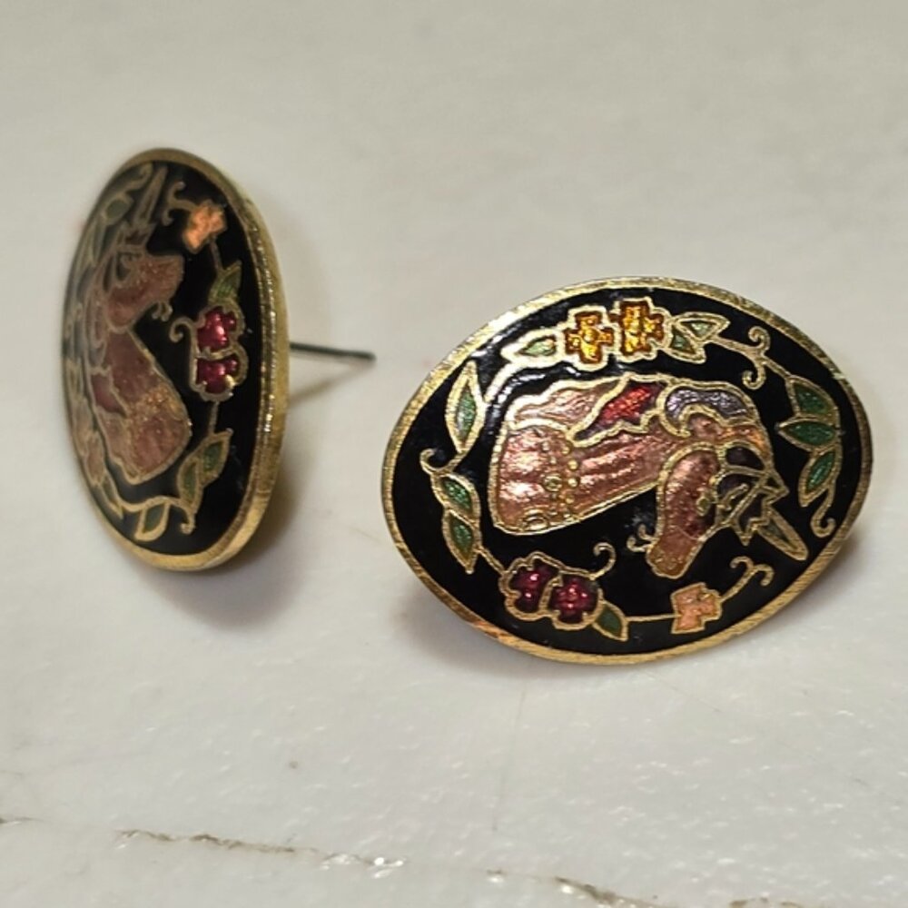 Vintage 1980s Unicorn Cloisonne Enamel Oval Earrings